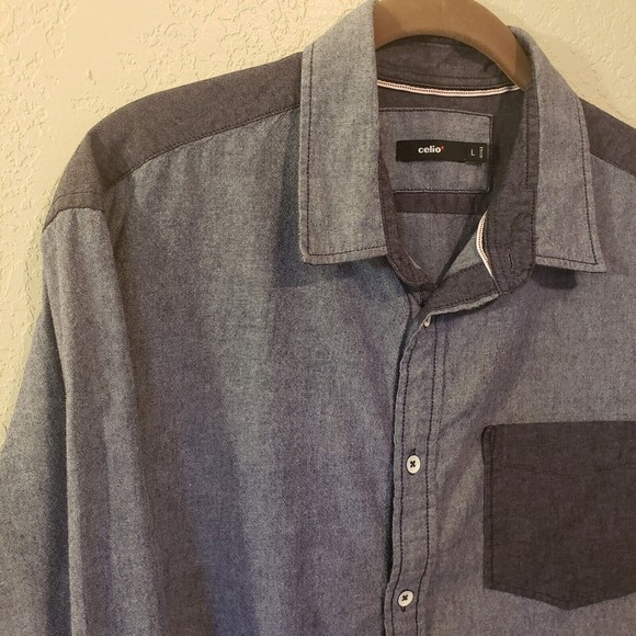 Celio Men's Large Chambray Color Block Long Sleeve Button Down Shirt - Picture 2 of 9